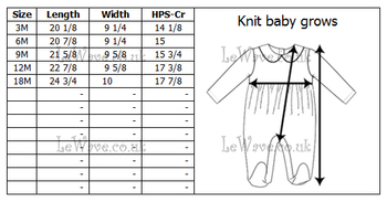 Baby grows / baby bubble size chart 